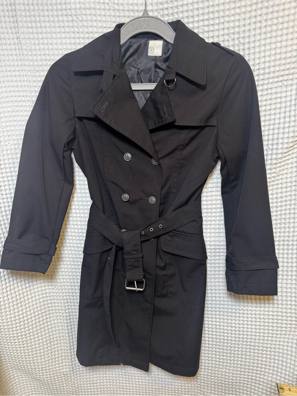 Promod Paris Classic Black Double Breasted Belted Trench Coat,France NWOT